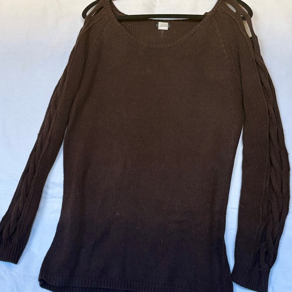 Venus Chocolate Brown Lattice Braided Sleeve Cold Shoulder Knit Sweater L